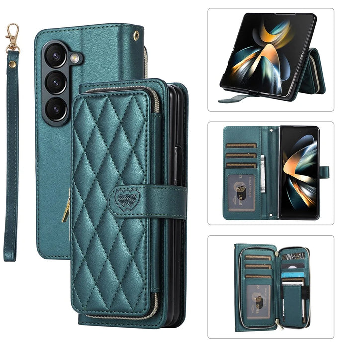 For Samsung Galaxy Z Fold5 5G Case Zipper Wallet Rhombus Leather Cover with Wrist Strap - Green - 1