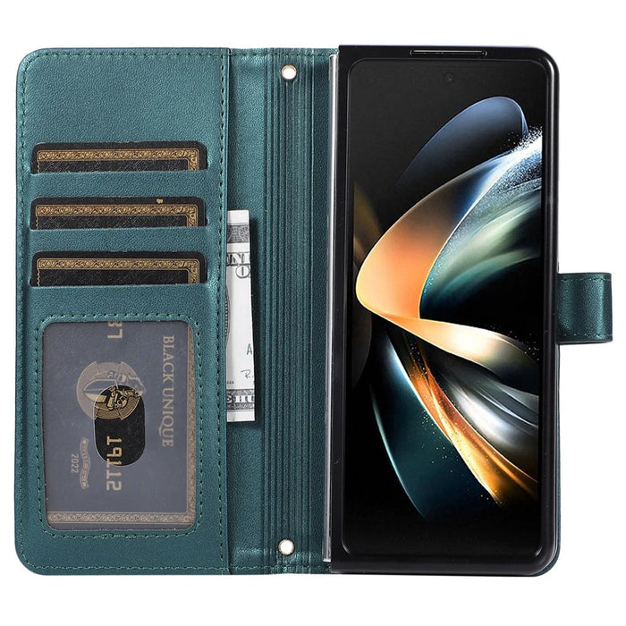 For Samsung Galaxy Z Fold5 5G Case Zipper Wallet Rhombus Leather Cover with Wrist Strap - Green - 2