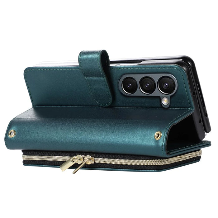 For Samsung Galaxy Z Fold5 5G Case Zipper Wallet Rhombus Leather Cover with Wrist Strap - Green - 4