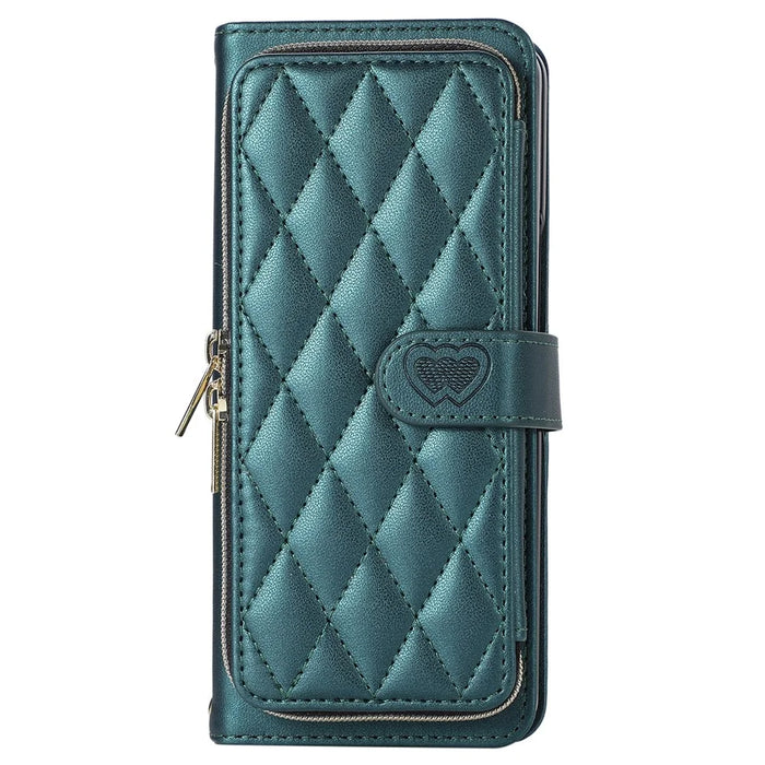 For Samsung Galaxy Z Fold5 5G Case Zipper Wallet Rhombus Leather Cover with Wrist Strap - Green - 7