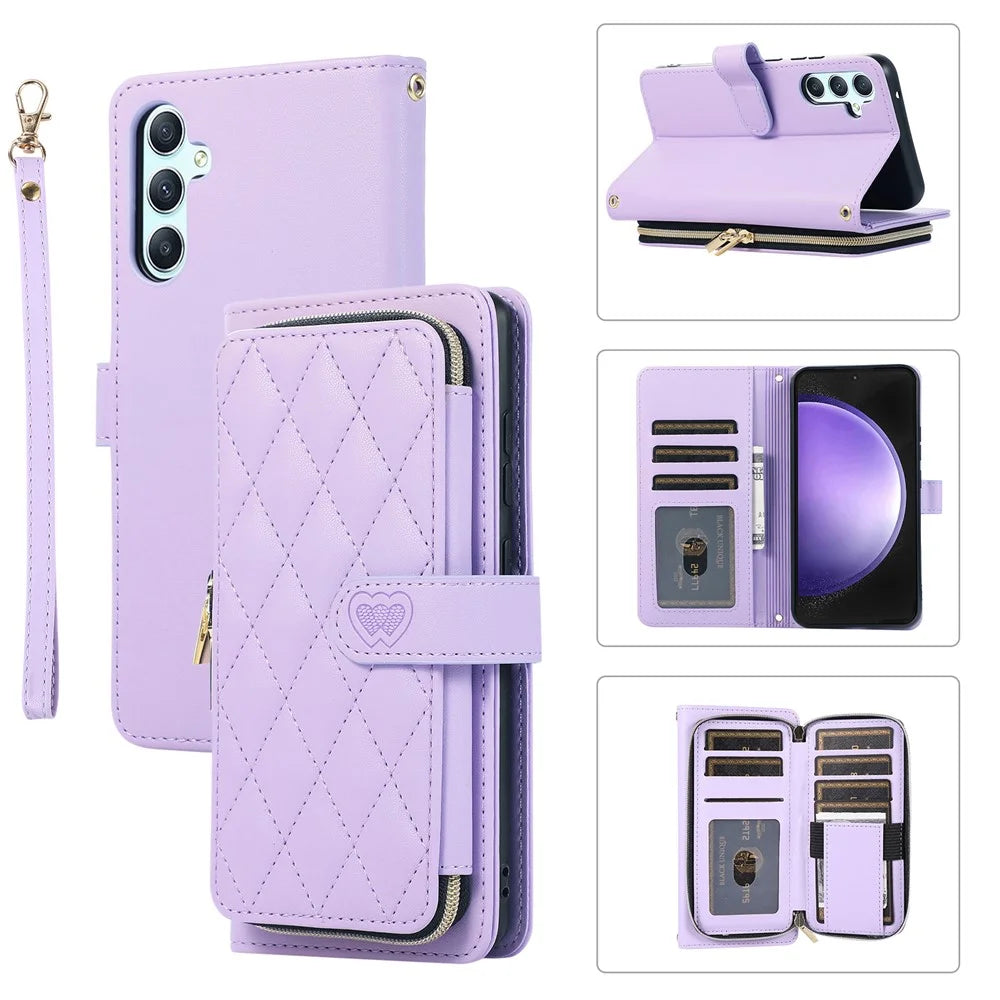 For Samsung Galaxy S23 FE Leather Case Rhombus Stitching Wallet Zipper Phone Cover with Strap - Light Purple - 1