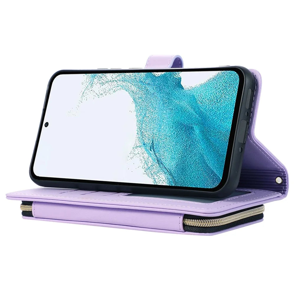 For Samsung Galaxy S23 FE Leather Case Rhombus Stitching Wallet Zipper Phone Cover with Strap - Light Purple - 3