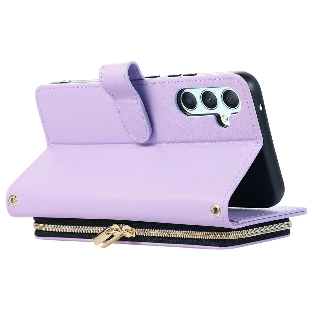 For Samsung Galaxy S23 FE Leather Case Rhombus Stitching Wallet Zipper Phone Cover with Strap - Light Purple - 4