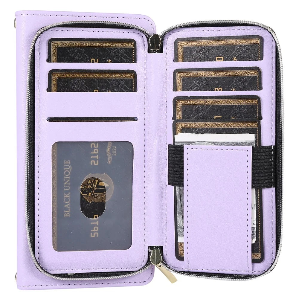 For Samsung Galaxy S23 FE Leather Case Rhombus Stitching Wallet Zipper Phone Cover with Strap - Light Purple - 5