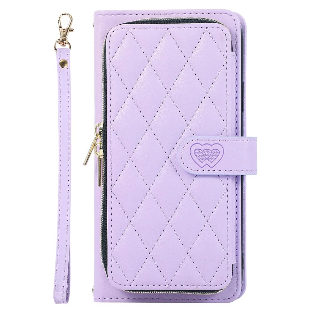 For Samsung Galaxy S23 FE Leather Case Rhombus Stitching Wallet Zipper Phone Cover with Strap - Light Purple - 6