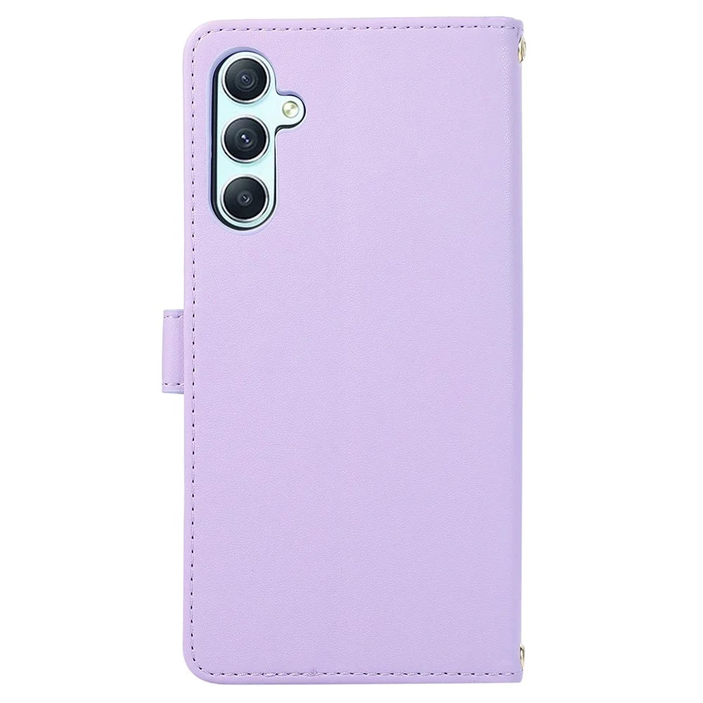 For Samsung Galaxy S23 FE Leather Case Rhombus Stitching Wallet Zipper Phone Cover with Strap - Light Purple - 7