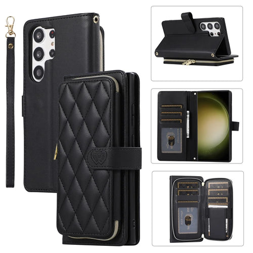 For Samsung Galaxy S23 Ultra Case with Hand Strap Rhombus Zipper Leather Phone Cover - Black - 1