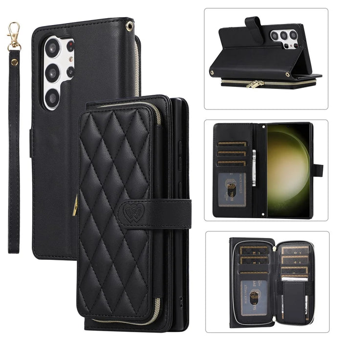 For Samsung Galaxy S23 Ultra Case with Hand Strap Rhombus Zipper Leather Phone Cover - Black - 1