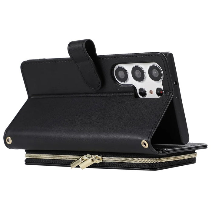 For Samsung Galaxy S23 Ultra Case with Hand Strap Rhombus Zipper Leather Phone Cover - Black - 4