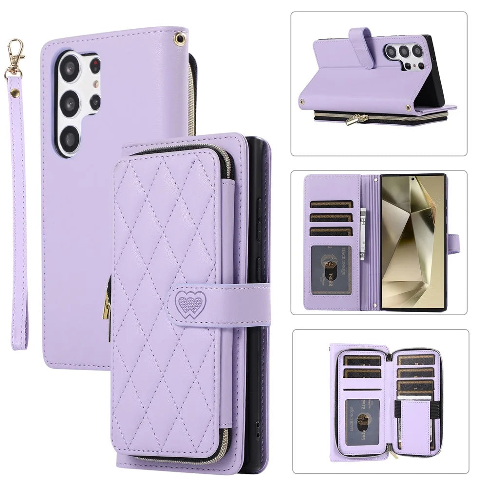 For Samsung Galaxy S24 Ultra Case with Hand Strap Zipper Rhombus Leather Wallet Cover - Light Purple - 1