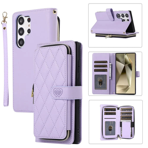 For Samsung Galaxy S24 Ultra Case with Hand Strap Zipper Rhombus Leather Wallet Cover - Light Purple - 1