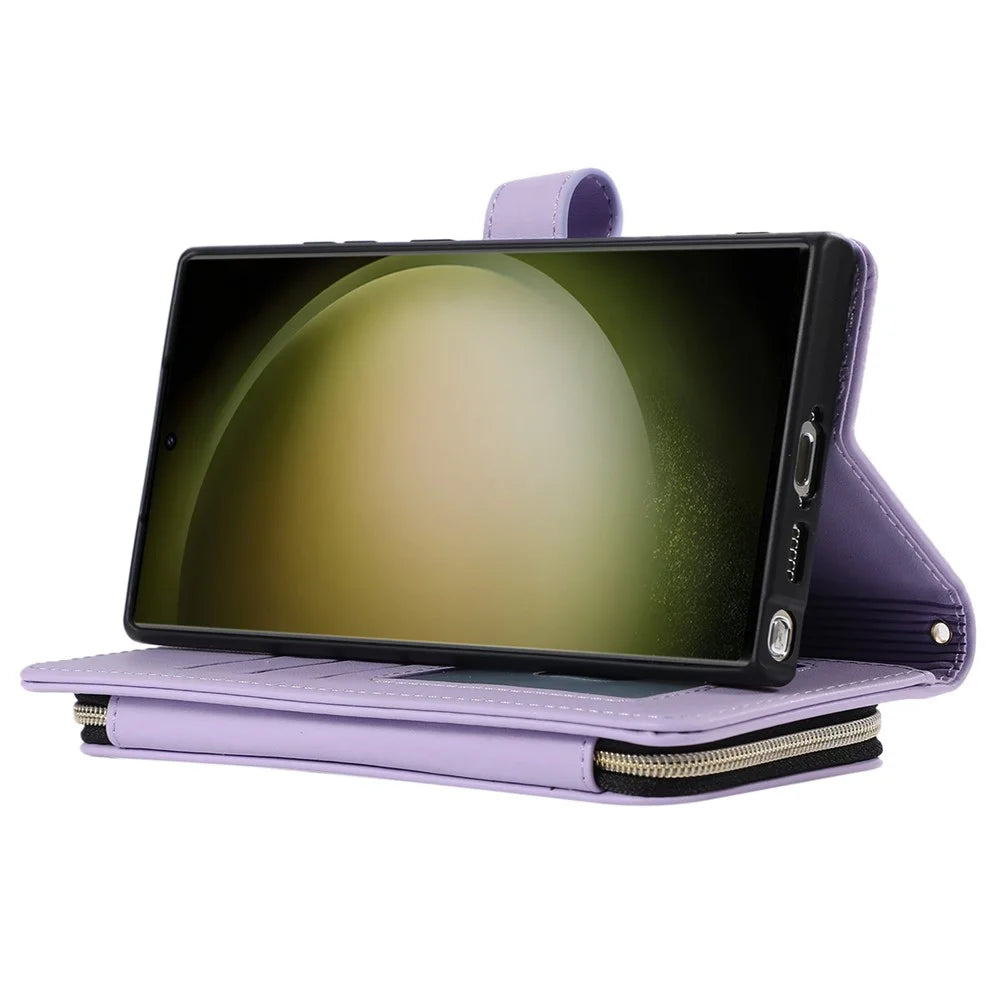 For Samsung Galaxy S24 Ultra Case with Hand Strap Zipper Rhombus Leather Wallet Cover - Light Purple - 3