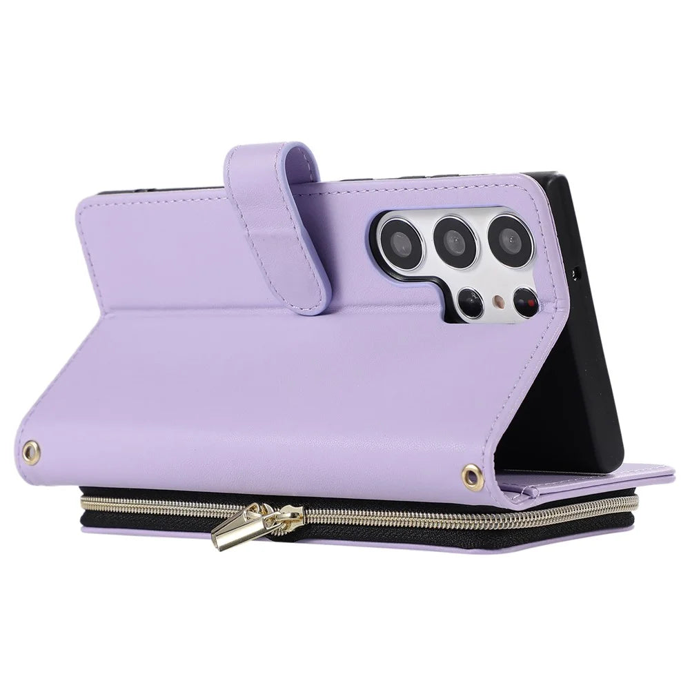For Samsung Galaxy S24 Ultra Case with Hand Strap Zipper Rhombus Leather Wallet Cover - Light Purple - 4