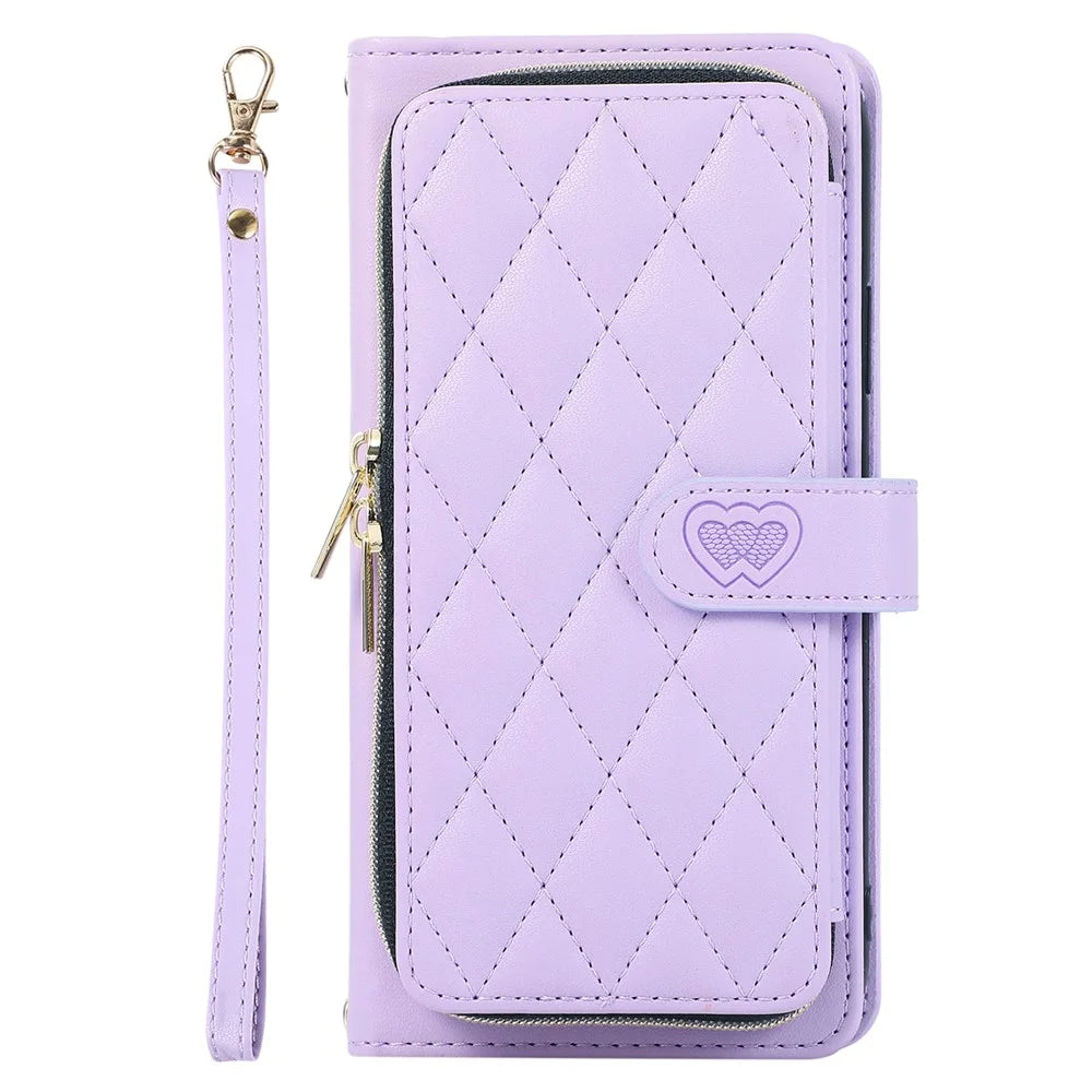 For Samsung Galaxy S24 Ultra Case with Hand Strap Zipper Rhombus Leather Wallet Cover - Light Purple - 6