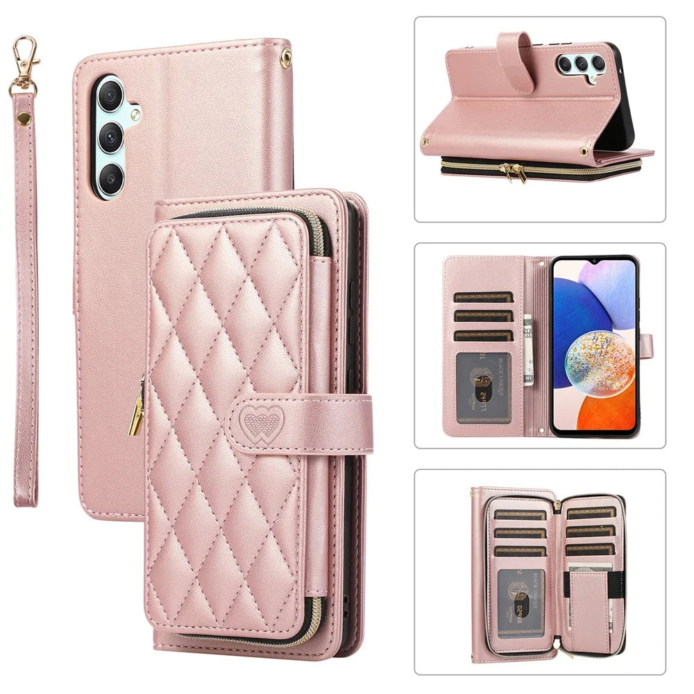 For Samsung Galaxy A14 5G / 4G Leather Case Zipper Pocket Phone Cover with Wrist Strap - Rose Gold - 1