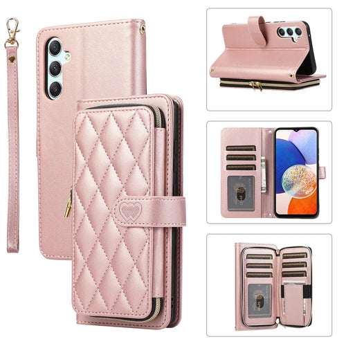 For Samsung Galaxy A14 5G / 4G Leather Case Zipper Pocket Phone Cover with Wrist Strap - Rose Gold - 1