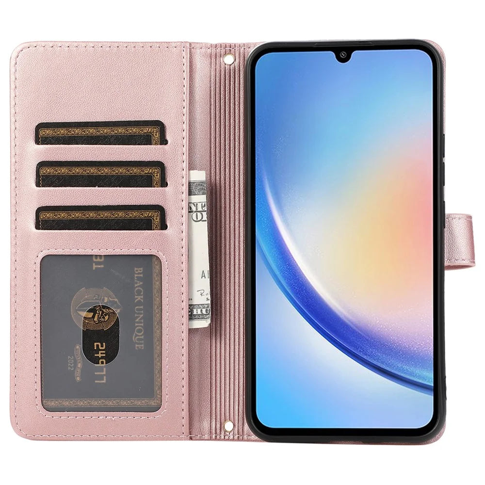 For Samsung Galaxy A14 5G / 4G Leather Case Zipper Pocket Phone Cover with Wrist Strap - Rose Gold - 2