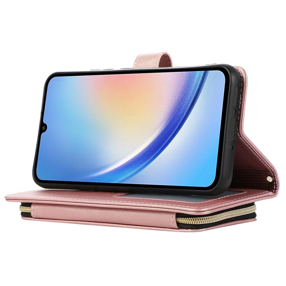 For Samsung Galaxy A14 5G / 4G Leather Case Zipper Pocket Phone Cover with Wrist Strap - Rose Gold - 3