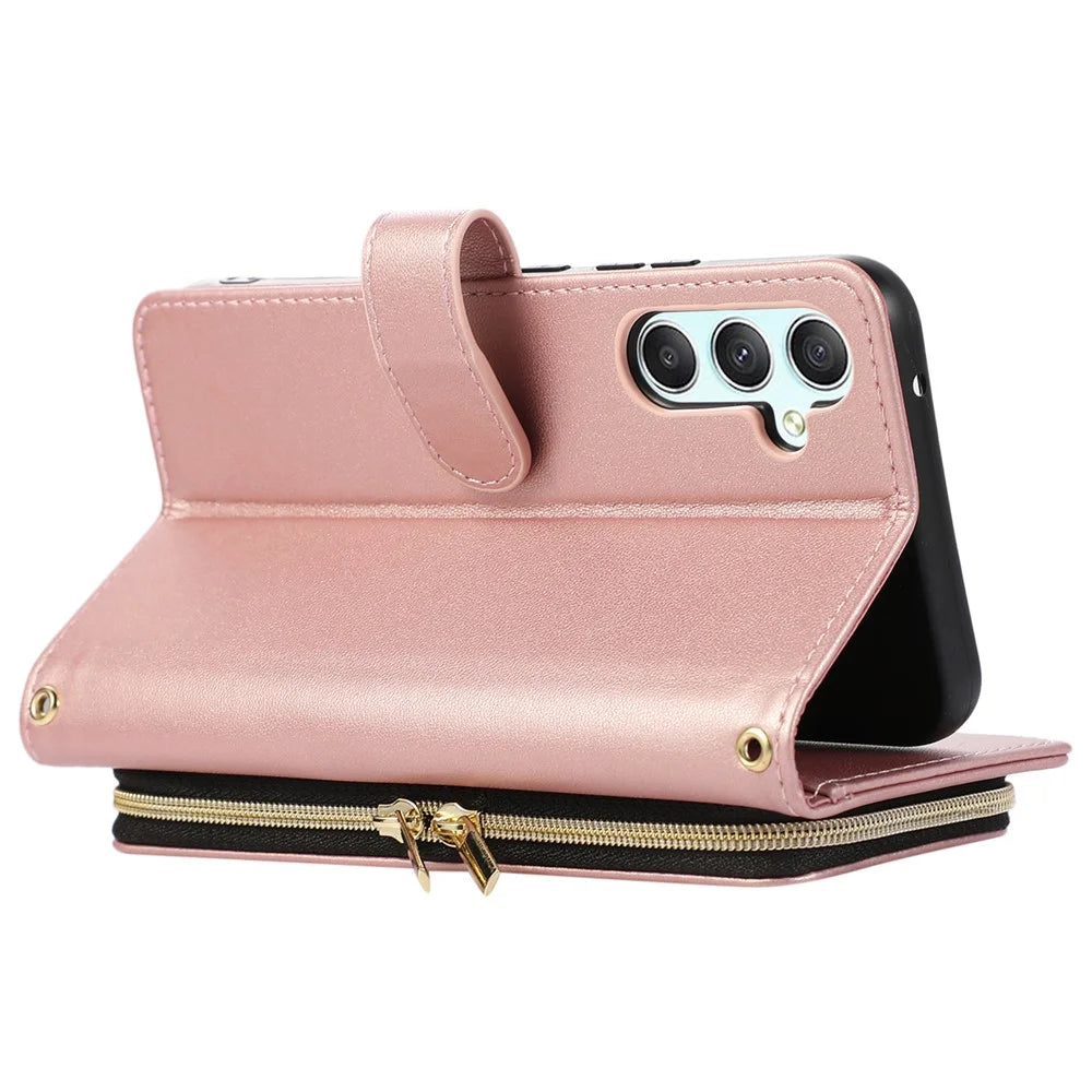 For Samsung Galaxy A14 5G / 4G Leather Case Zipper Pocket Phone Cover with Wrist Strap - Rose Gold - 4