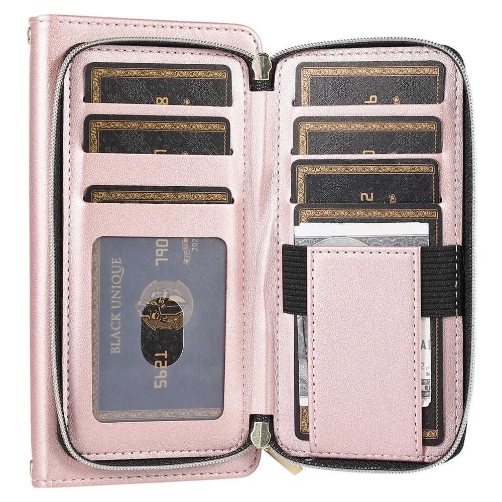 For Samsung Galaxy A14 5G / 4G Leather Case Zipper Pocket Phone Cover with Wrist Strap - Rose Gold - 5