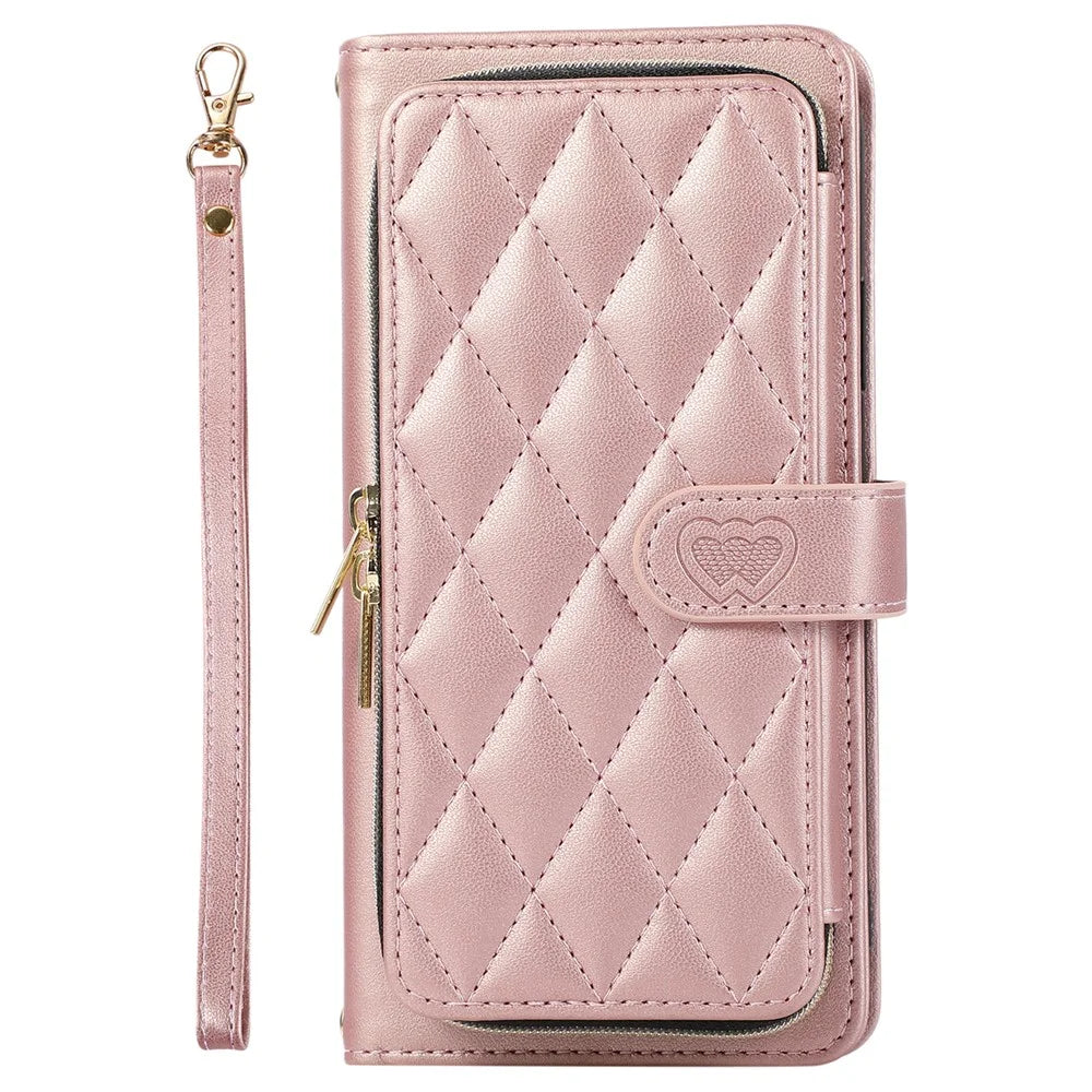 For Samsung Galaxy A14 5G / 4G Leather Case Zipper Pocket Phone Cover with Wrist Strap - Rose Gold - 6
