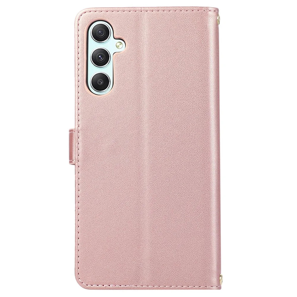 For Samsung Galaxy A14 5G / 4G Leather Case Zipper Pocket Phone Cover with Wrist Strap - Rose Gold - 7