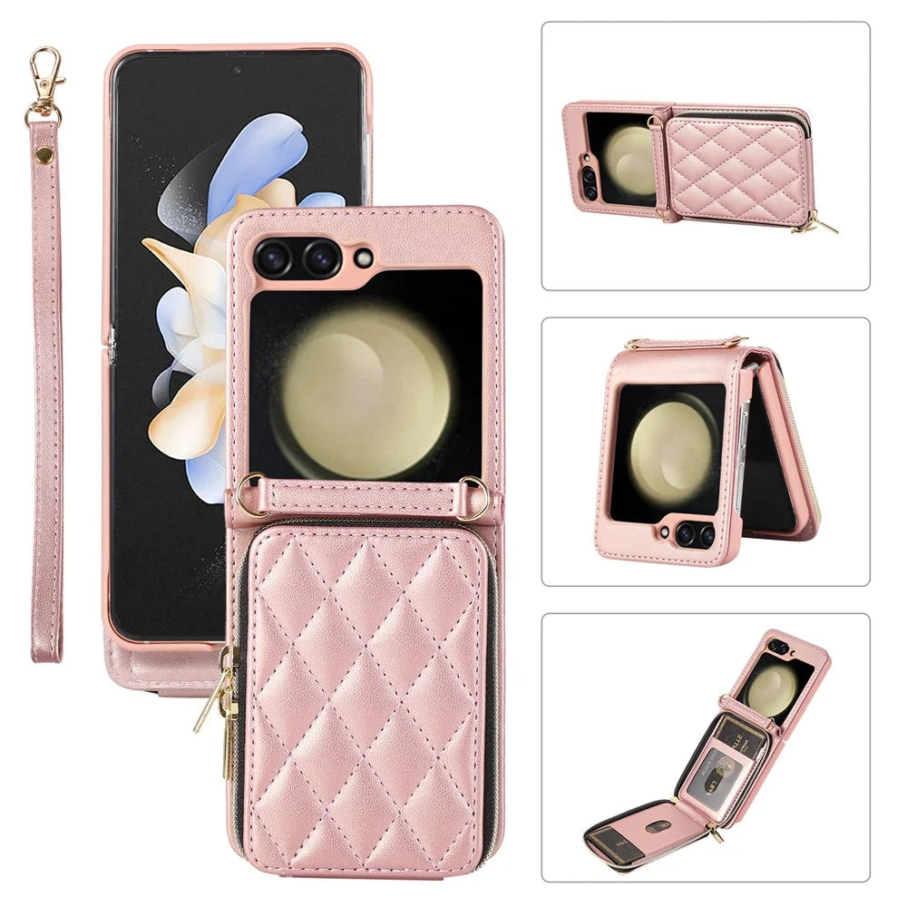 For Samsung Galaxy Z Flip5 5G Case Leather+PC Zipper Phone Cover with Wrist Strap - Rose Gold - 1