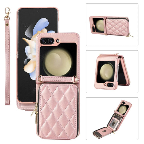For Samsung Galaxy Z Flip5 5G Case Leather+PC Zipper Phone Cover with Wrist Strap - Rose Gold - 1