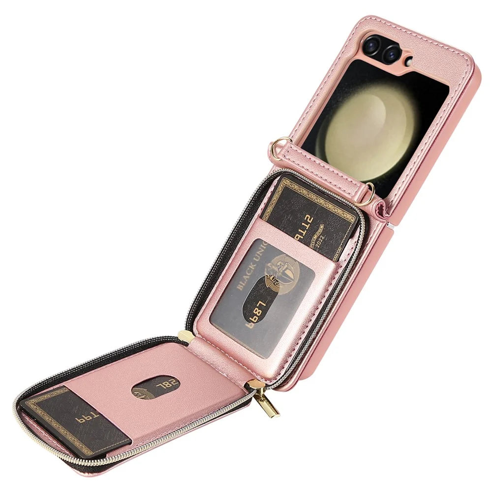 For Samsung Galaxy Z Flip5 5G Case Leather+PC Zipper Phone Cover with Wrist Strap - Rose Gold - 2
