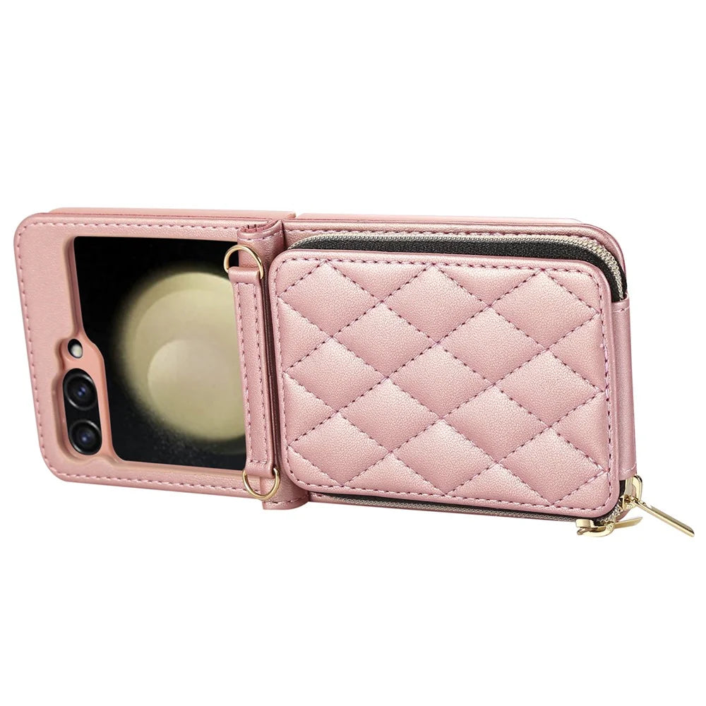 For Samsung Galaxy Z Flip5 5G Case Leather+PC Zipper Phone Cover with Wrist Strap - Rose Gold - 3