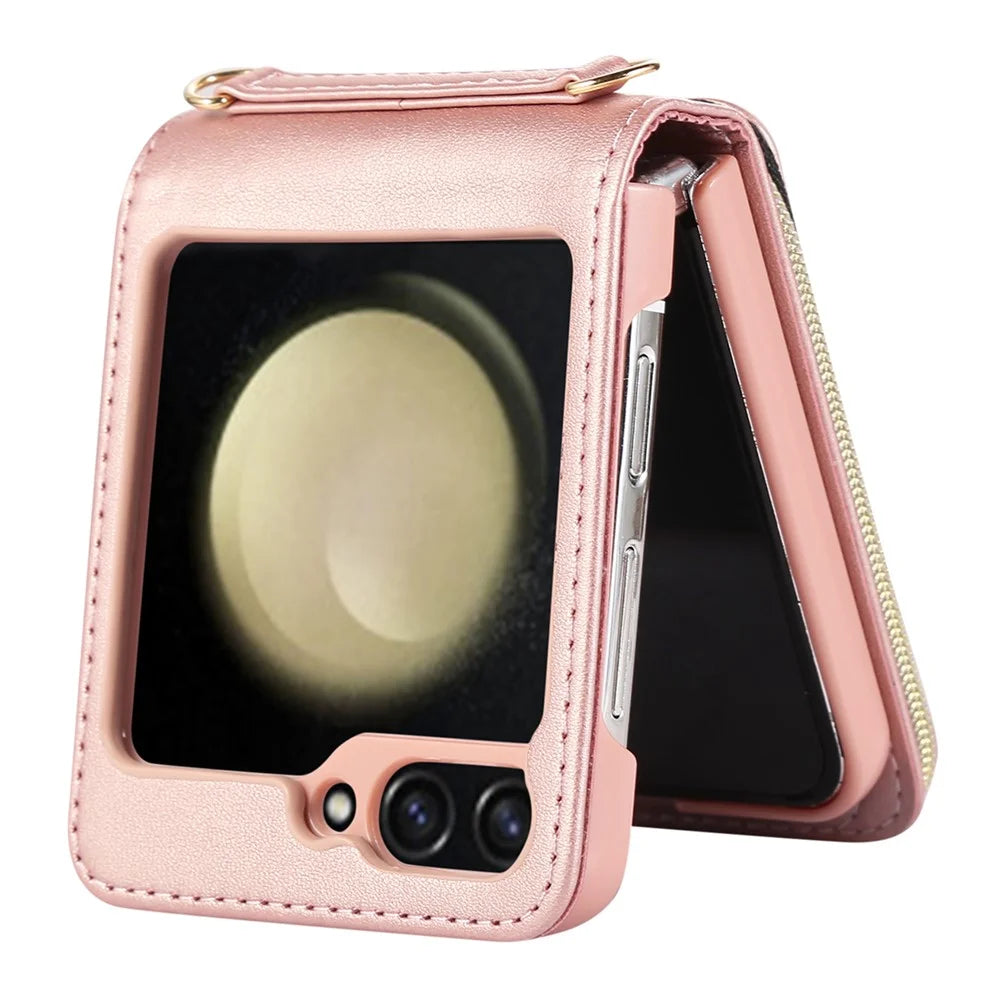 For Samsung Galaxy Z Flip5 5G Case Leather+PC Zipper Phone Cover with Wrist Strap - Rose Gold - 4