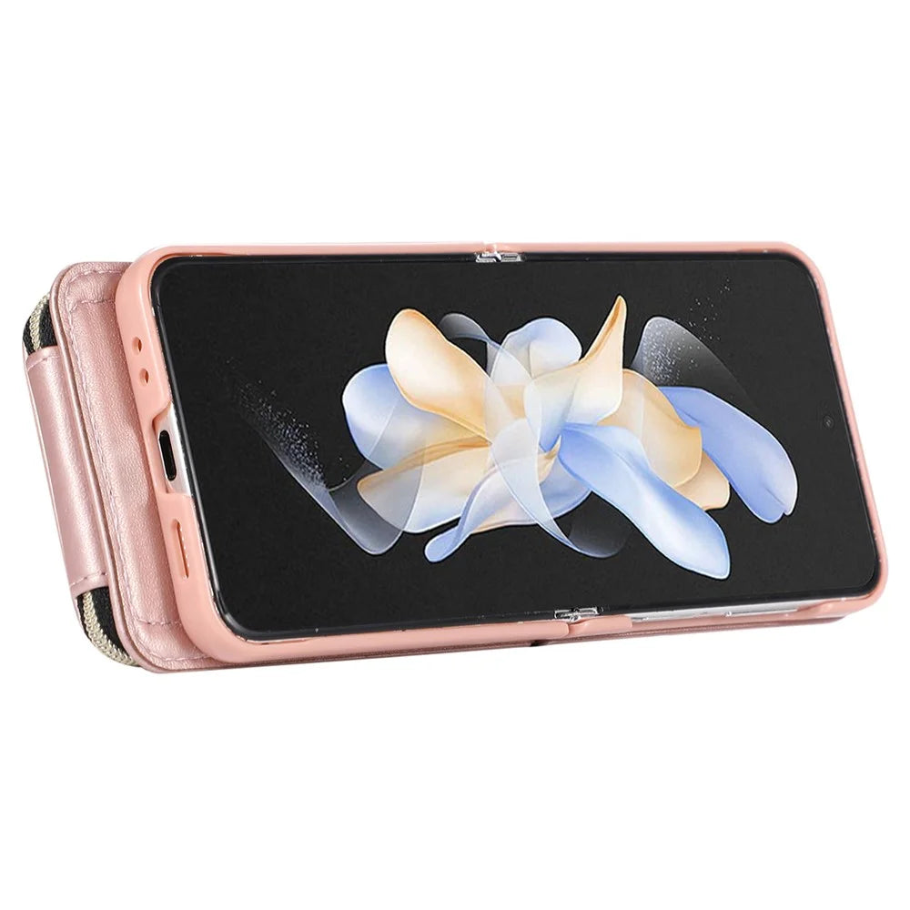 For Samsung Galaxy Z Flip5 5G Case Leather+PC Zipper Phone Cover with Wrist Strap - Rose Gold - 5