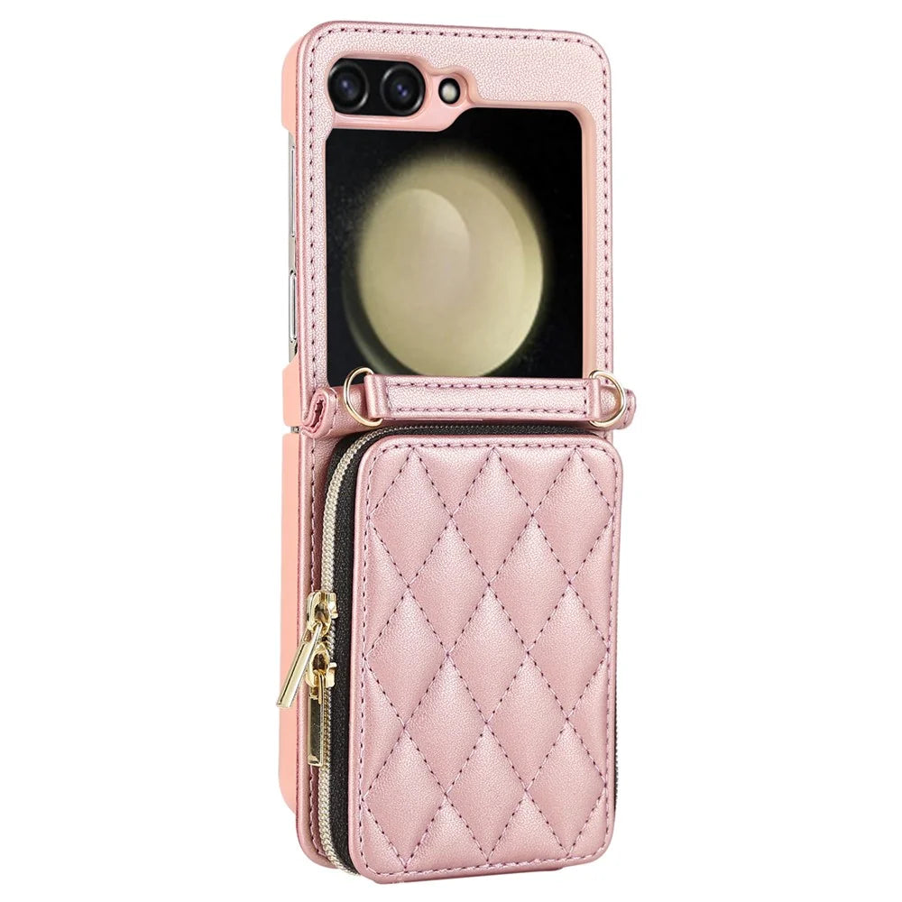 For Samsung Galaxy Z Flip5 5G Case Leather+PC Zipper Phone Cover with Wrist Strap - Rose Gold - 7