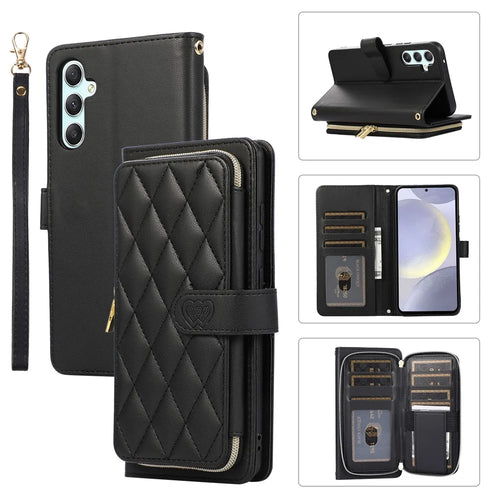 For Samsung Galaxy S24 Case PU Leather Zipper Pocket Stand Handbag Phone Cover - Black - 1