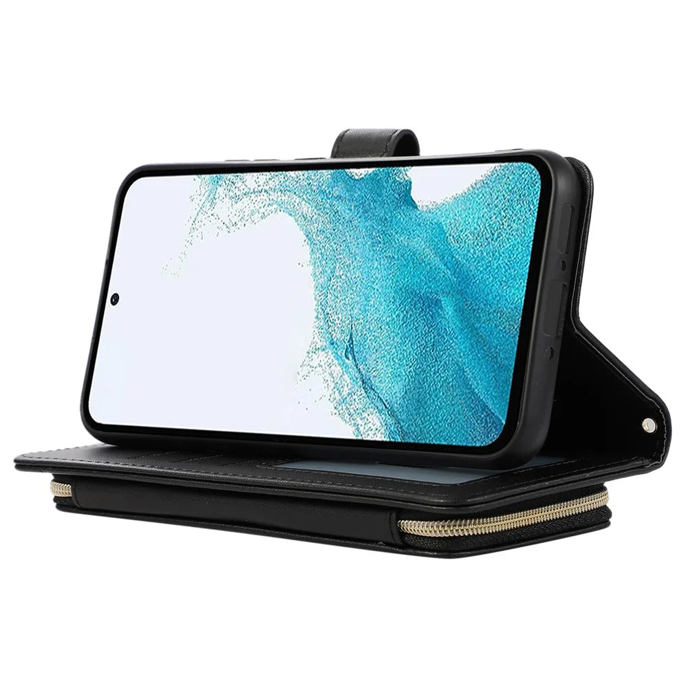 For Samsung Galaxy S24 Case PU Leather Zipper Pocket Stand Handbag Phone Cover - Black - 3