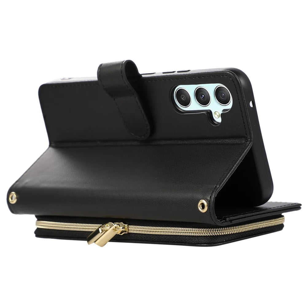 For Samsung Galaxy S24 Case PU Leather Zipper Pocket Stand Handbag Phone Cover - Black - 4