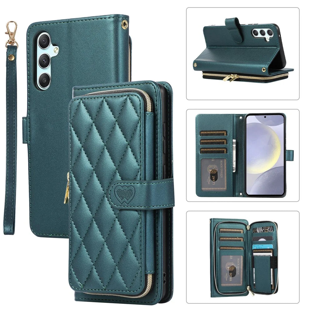 For Samsung Galaxy S24+ Case PU Leather Rhombus Zipper Phone Cover with Wrist Strap - Green - 1