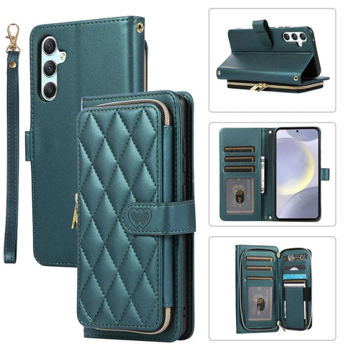 For Samsung Galaxy S24+ Case PU Leather Rhombus Zipper Phone Cover with Wrist Strap - Green - 1