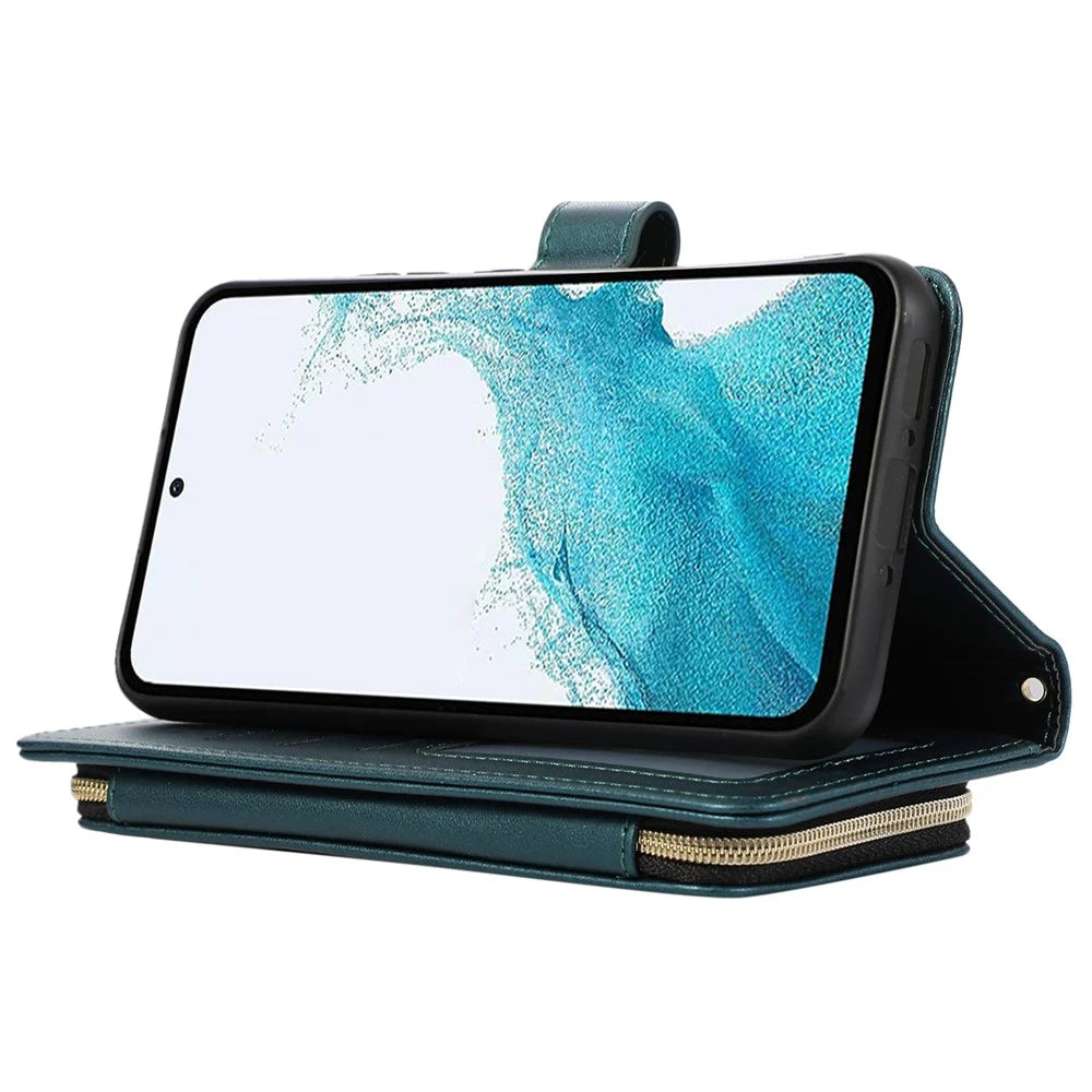 For Samsung Galaxy S24+ Case PU Leather Rhombus Zipper Phone Cover with Wrist Strap - Green - 3