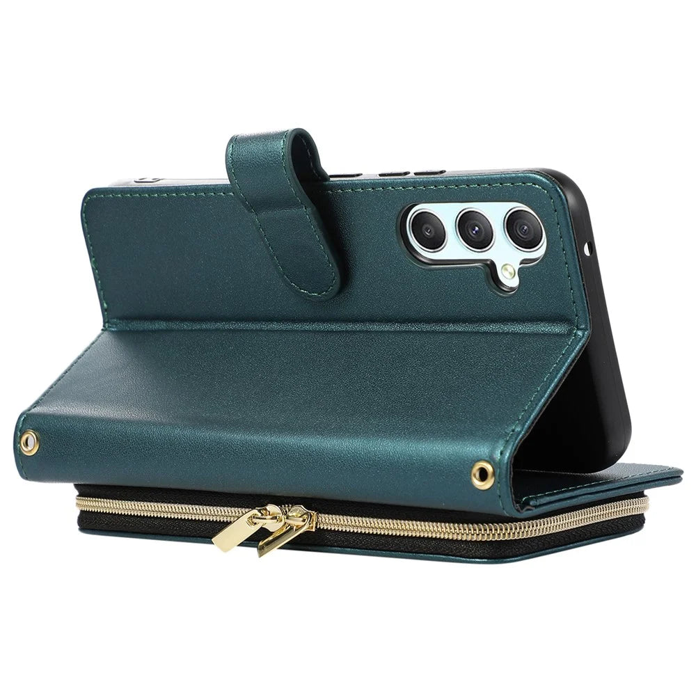 For Samsung Galaxy S24+ Case PU Leather Rhombus Zipper Phone Cover with Wrist Strap - Green - 4
