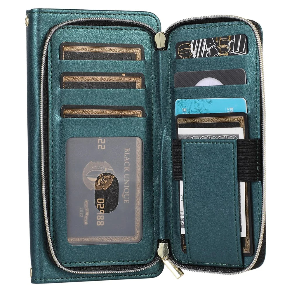 For Samsung Galaxy S24+ Case PU Leather Rhombus Zipper Phone Cover with Wrist Strap - Green - 5