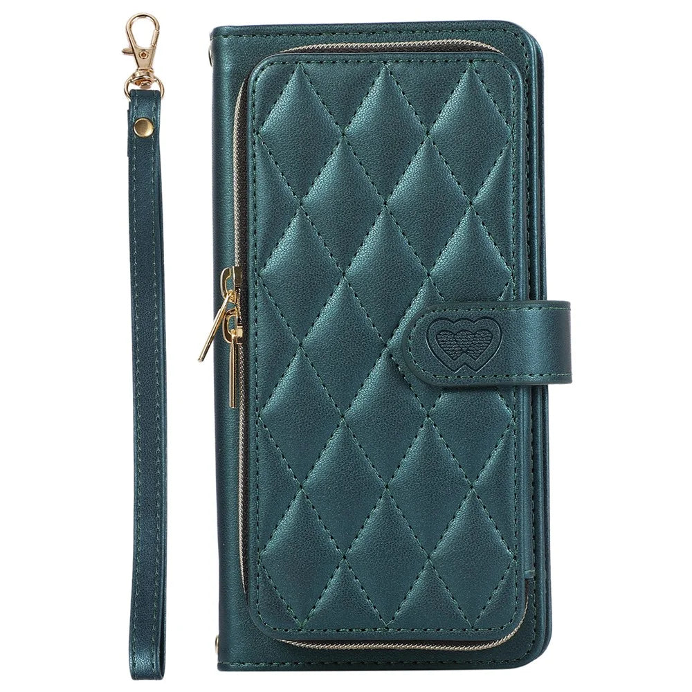 For Samsung Galaxy S24+ Case PU Leather Rhombus Zipper Phone Cover with Wrist Strap - Green - 6