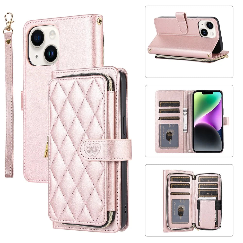 For iPhone 14 Case Leather Handbag Magnetic Closure Zipper Pocket Phone Cover - Rose Gold - 1