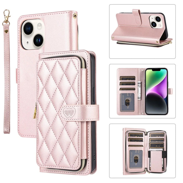 For iPhone 14 Case Leather Handbag Magnetic Closure Zipper Pocket Phone Cover - Rose Gold - 1