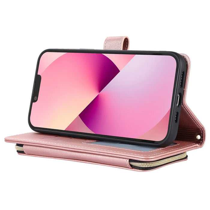 For iPhone 14 Case Leather Handbag Magnetic Closure Zipper Pocket Phone Cover - Rose Gold - 3