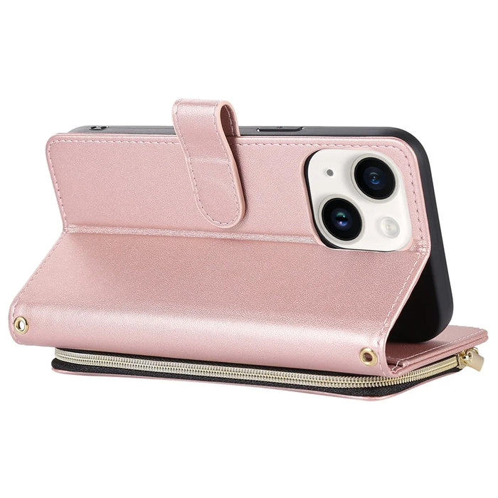 For iPhone 14 Case Leather Handbag Magnetic Closure Zipper Pocket Phone Cover - Rose Gold - 4