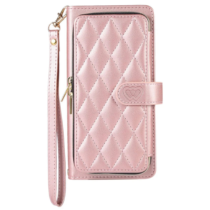 For iPhone 14 Case Leather Handbag Magnetic Closure Zipper Pocket Phone Cover - Rose Gold - 6