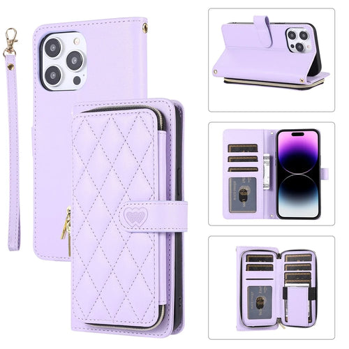 For iPhone 14 Pro Max Wallet Case Folio PU Leather Stand Rhombus Phone Cover with Hand Strap - Light Purple - 1