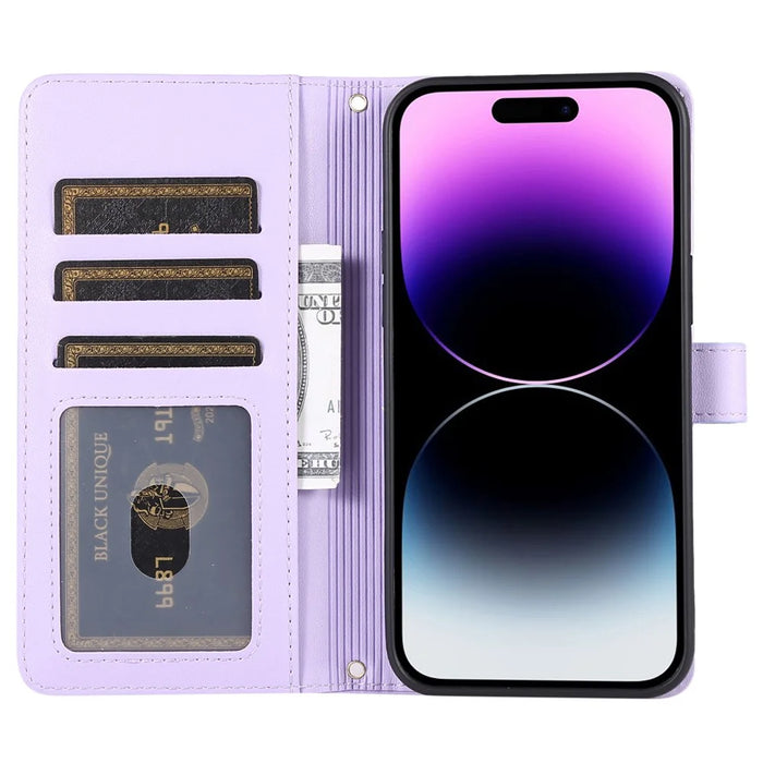 For iPhone 14 Pro Max Wallet Case Folio PU Leather Stand Rhombus Phone Cover with Hand Strap - Light Purple - 2