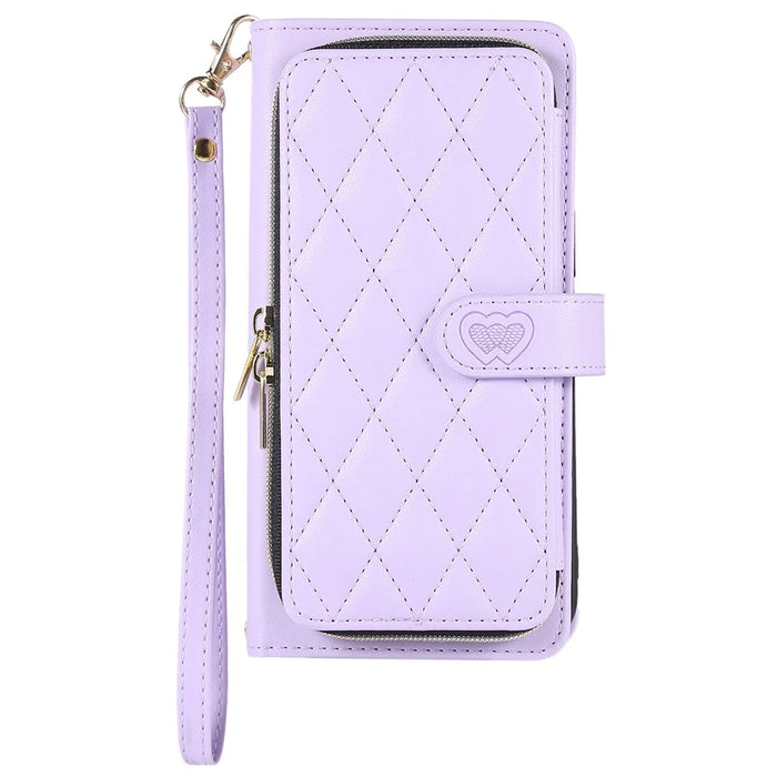 For iPhone 14 Pro Max Wallet Case Folio PU Leather Stand Rhombus Phone Cover with Hand Strap - Light Purple - 6